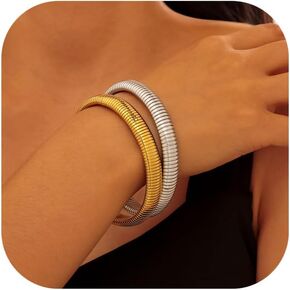 BUYITO Chunky Gold Bangles Bracelets for Women 18K Gold Plated Stainless Steels Stretch Bangles Flexible Wide Wristband Link Chain Cuff Bracelets Trendy Jewelry Gift