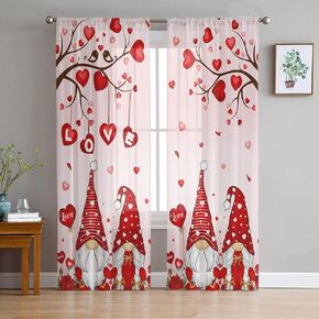 Valentine's Day Gnome Semi Sheer Curtains 84 inches Long,Love Bird Red Heart Tree Pink Window Treatments Curtains,Light Filter Rod Pocket Drapes Valentines Curtains for Living Room Bedroom,2 Panels