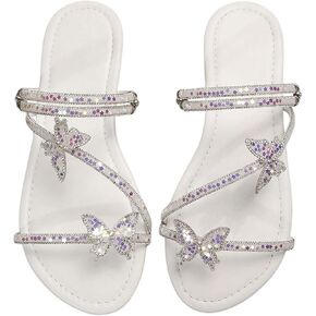 GORGLITTER Women's Butterfly Metallic Rhinestone Flat Sandals Strappy Slip On Dressy Slide Sandals