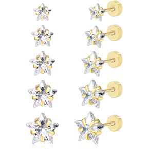 Flat Back Earrings for Women, Hypoallergenic 14K Gold Cartilage Earring Tragus Helix Small Surgical Stainless Steel Screw Back Earrings CZ/Ball/Pearl/Dot/Heart/Cross/Butterfly