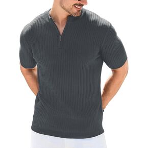 Men's Polo Shirts Short Sleeve Quarter Zipper Ribbed Knit Slim Fit Golf T Shirt Casual Fashion