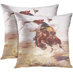 Emvency Set of 2 Throw Pillow Cover Vintage Wild West Cowboy Bucking Horse Western Decorative Pillow Case Home Decor Square 18x18 Inch Cushion Pillowcase