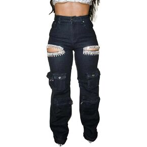 SHINFY Rhinestone Cargo Jeans for Women High Waisted Straight Wide Leg Ripped Jeans Y2K Baggy Denim Cargo Pants