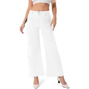 ONESO Wide Leg Jeans for Women Trendy Mid Waisted Baggy Flare Jeans Stretchy Boyfriend Denim Pants with Patch Pockets