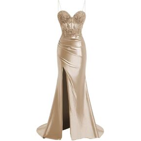 Elegant Sweetheart Spaghetti Strap Prom Dresses with Split Mermaid Pleated Satin Dress for Prom Party Lace Appliques Long Formal Evening Gowns Champagne Size 8