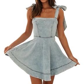 Women's Summer Casual Cute Sleeveless Denim Dress Trendy Stretch Slim Sundresses Distressed Mini Jean Dress