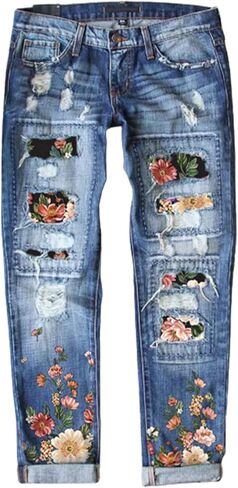 Astylish Womens Plaid Patch Ripped Boyfriend Distressed Stretch Skinny Denim Jeans with Hole in Kuwait