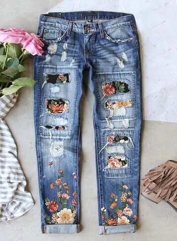 Astylish Womens Plaid Patch Ripped Boyfriend Distressed Stretch Skinny Denim Jeans with Hole in Kuwait