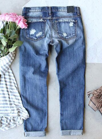 Astylish Womens Plaid Patch Ripped Boyfriend Distressed Stretch Skinny Denim Jeans with Hole in Kuwait