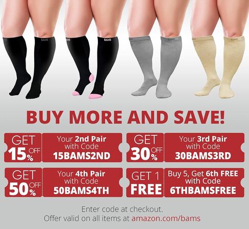 BAMS Plus Size Compression Socks Wide Calf XL XXL XXXL – Graduated Knee-High Support, Viscose from Bamboo Easy-On/Easy-Off in Kuwait