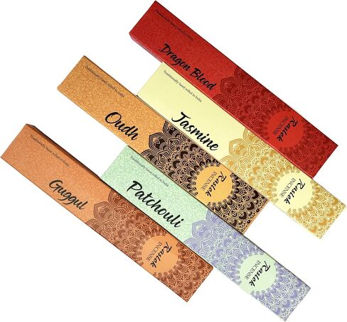 Natural Incense Stick | Pack of 5, 15 gm Each| Mixed Scents Dragon Blood,Patchouli,Oudh,Jasmin,Guggul | 100% Non Toxic & Natural Hand Rolled Incense Sticks in Kuwait
