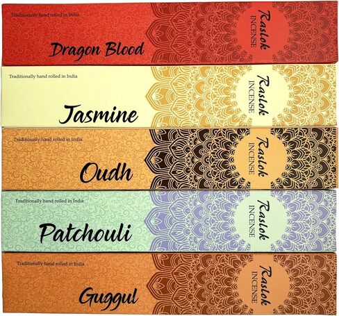 Natural Incense Stick | Pack of 5, 15 gm Each| Mixed Scents Dragon Blood,Patchouli,Oudh,Jasmin,Guggul | 100% Non Toxic & Natural Hand Rolled Incense Sticks in Kuwait