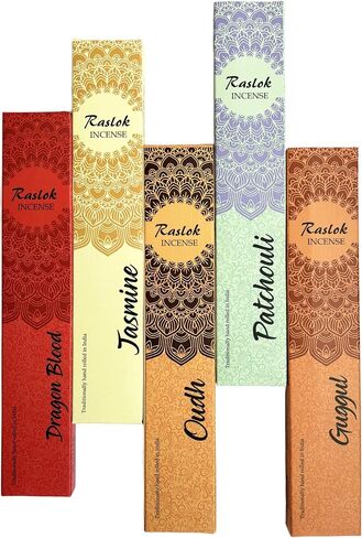 Natural Incense Stick | Pack of 5, 15 gm Each| Mixed Scents Dragon Blood,Patchouli,Oudh,Jasmin,Guggul | 100% Non Toxic & Natural Hand Rolled Incense Sticks in Kuwait