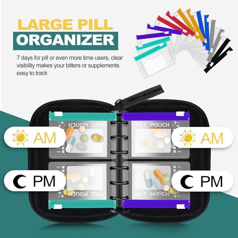 مجموعة منظم حبوب الدواء المقاومة للماء مقاس A8، منظم حبوب الدواء الكبير مرتين يوميًا لمدة سبعة أيام، تخزين حبوب الدواء مع 14 كيسًا مرمزًا بالألوان، منظم أدوية السفر القابل لإعادة الاستخدام in Kuwait