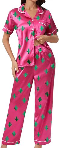 Remidoo Women's Cactus Satin Pajamas Set Short Sleeve Button Down Nightwear with Long Pants in Saudi Arabia
