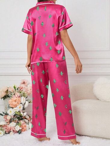 Remidoo Women's Cactus Satin Pajamas Set Short Sleeve Button Down Nightwear with Long Pants in Saudi Arabia