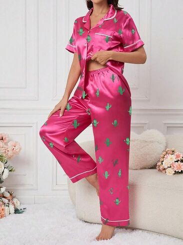 Remidoo Women's Cactus Satin Pajamas Set Short Sleeve Button Down Nightwear with Long Pants in Saudi Arabia