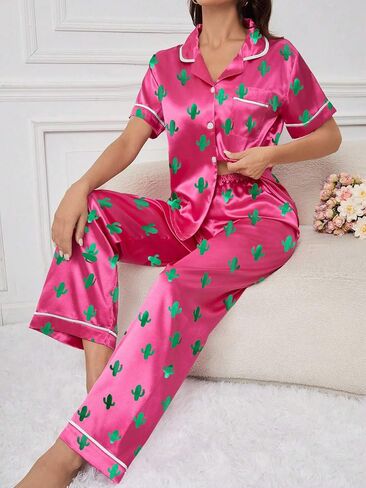 Remidoo Women's Cactus Satin Pajamas Set Short Sleeve Button Down Nightwear with Long Pants in Saudi Arabia