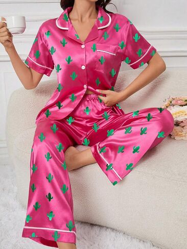 Remidoo Women's Cactus Satin Pajamas Set Short Sleeve Button Down Nightwear with Long Pants in Saudi Arabia