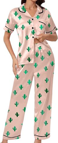 Remidoo Women's Cactus Satin Pajamas Set Short Sleeve Button Down Nightwear with Long Pants in Saudi Arabia