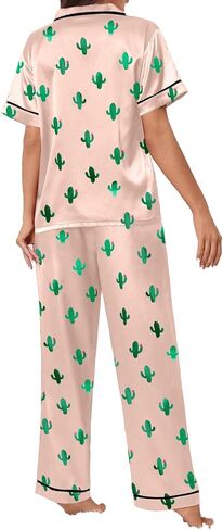 Remidoo Women's Cactus Satin Pajamas Set Short Sleeve Button Down Nightwear with Long Pants in Saudi Arabia