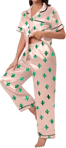 Remidoo Women's Cactus Satin Pajamas Set Short Sleeve Button Down Nightwear with Long Pants in Saudi Arabia
