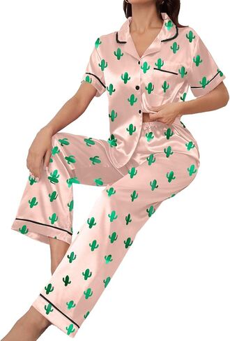 Remidoo Women's Cactus Satin Pajamas Set Short Sleeve Button Down Nightwear with Long Pants in Saudi Arabia