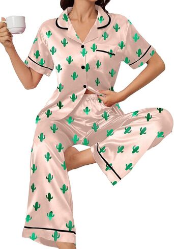 Remidoo Women's Cactus Satin Pajamas Set Short Sleeve Button Down Nightwear with Long Pants in Saudi Arabia