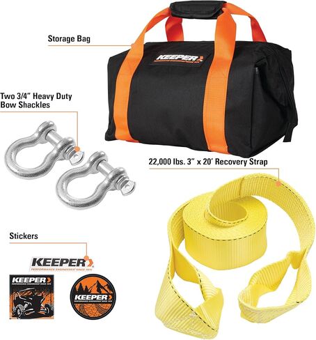 مجموعة أدوات Keeper Heavy Duty Recovery Combo للسحب واستعادة المركبات على الطرق الوعرة - تتضمن حزام استرداد مقاس 3 × 30 بوصة (قوة كسر 30000 رطل) + قطعتين من الأغلال المقوسة المطلية بالزنك مقاس ¾ بوصة مع حقيبة تخزين in Kuwait