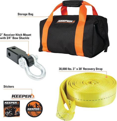 Keeper Recovery Combo Kit for Towing and Off-Road Vehicle Recovery- Includes 3" x 20’ Recovery Strap (30,000lb Break Strength), 2" Receiver Hitch Mount & 3/4" Bow Shackle (9,500lbs WLL) + Storage Bag in Saudi Arabia