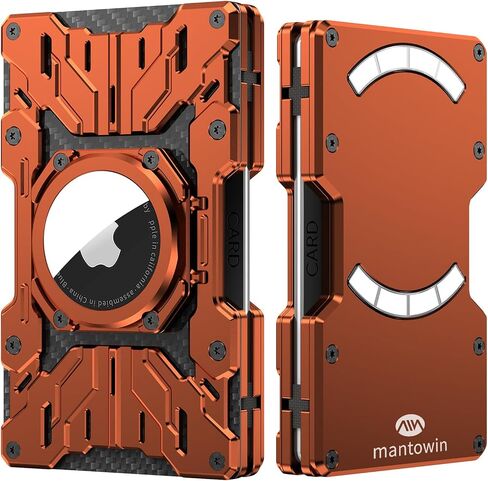 Minimalist Mens Wallet RFID Blocking - Slim Metal Wallet With Airtag Holder - Compact Credit Card Holder Mini Size, Metal, Snap-on,Carbon Fiber - Orange in Saudi Arabia