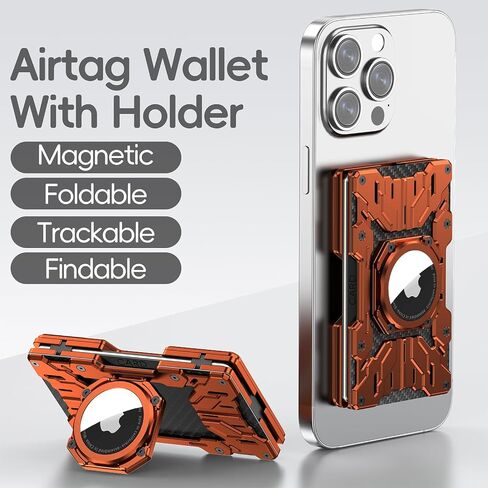 Minimalist Mens Wallet RFID Blocking - Slim Metal Wallet With Airtag Holder - Compact Credit Card Holder Mini Size, Metal, Snap-on,Carbon Fiber - Orange in Saudi Arabia