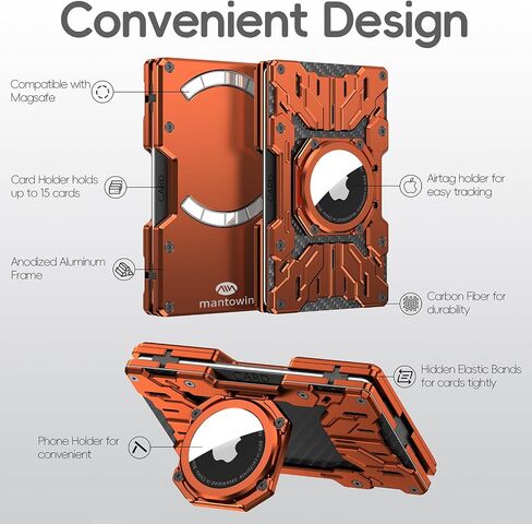 Minimalist Mens Wallet RFID Blocking - Slim Metal Wallet With Airtag Holder - Compact Credit Card Holder Mini Size, Metal, Snap-on,Carbon Fiber - Orange in Saudi Arabia