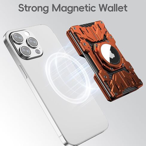 Minimalist Mens Wallet RFID Blocking - Slim Metal Wallet With Airtag Holder - Compact Credit Card Holder Mini Size, Metal, Snap-on,Carbon Fiber - Orange in Saudi Arabia
