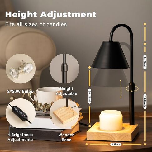 Black Dimmable Candle Warmer Lamp, Adjustable Height, Timer, Wooden Base, for Scented Wax with 2 Bulbs in Kuwait