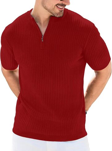 Men's Polo Shirts Short Sleeve Quarter Zipper Ribbed Knit Slim Fit Golf T Shirt Casual Fashion in Saudi Arabia