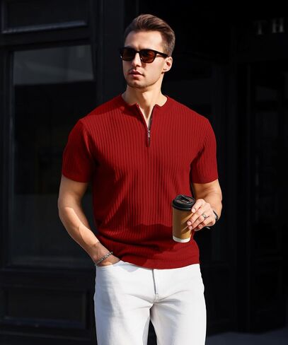Men's Polo Shirts Short Sleeve Quarter Zipper Ribbed Knit Slim Fit Golf T Shirt Casual Fashion in Saudi Arabia