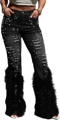 Fall Ripped Jeans for Women Skinny Y2k High Waisted Pearl Feather Straight Leg Denim Pants in Saudi Arabia