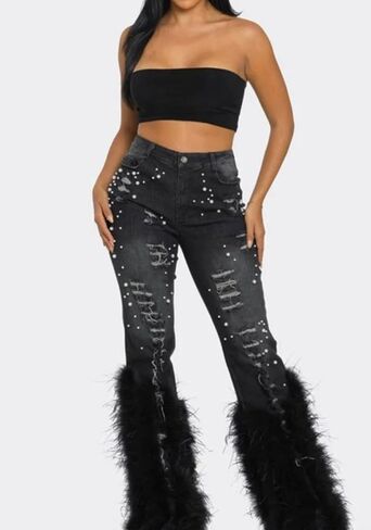 Fall Ripped Jeans for Women Skinny Y2k High Waisted Pearl Feather Straight Leg Denim Pants in Saudi Arabia