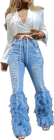 Fall Ripped Jeans for Women Skinny Y2k High Waisted Pearl Feather Straight Leg Denim Pants in Saudi Arabia