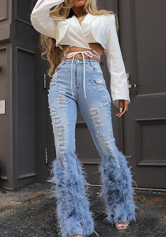 Fall Ripped Jeans for Women Skinny Y2k High Waisted Pearl Feather Straight Leg Denim Pants in Saudi Arabia