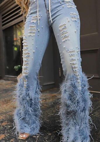 Fall Ripped Jeans for Women Skinny Y2k High Waisted Pearl Feather Straight Leg Denim Pants in Saudi Arabia