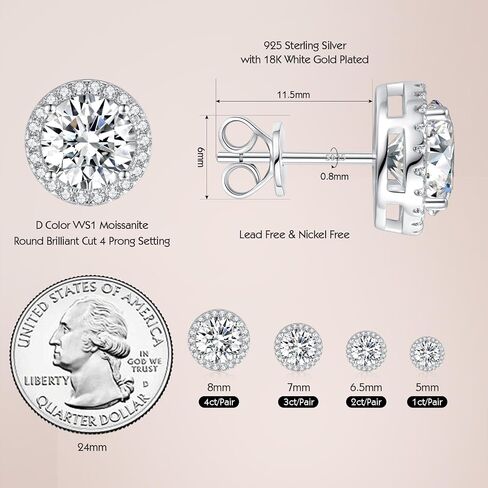 1-4ct Moissanite Stud Earrings for Women - Halo Round 925 Sterling Silver D Color Ideal Cut Earrings with Certificate of Authenticity in Kuwait