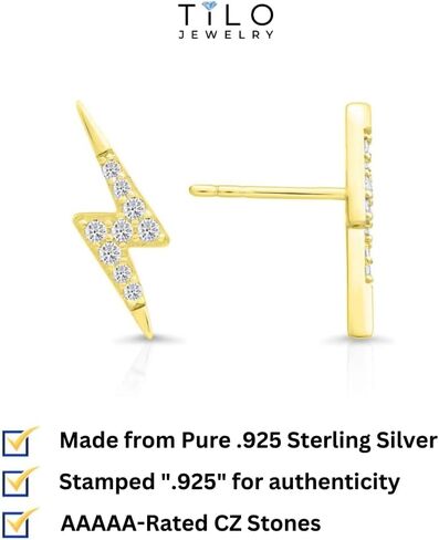 925 Sterling Silver Small Lightning Bolt CZ Stud Earrings, Butterfly Push-backings in Kuwait