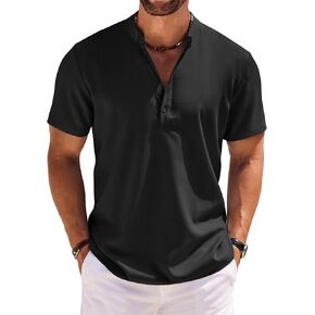 COOFANDY Men's Short Sleeve Henley Shirts Casual Collarless Shirt Band Collar Henley Summer Beach Henley T-Shirt