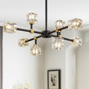 Black Crsytal Chandelier,Sputnik Chandeliers with 12-Lights,Modern Adjustable Height Semi Flush Mount Ceiling Light Fixture for Dining Room,Kitchen Island,Living Room,Bedroom