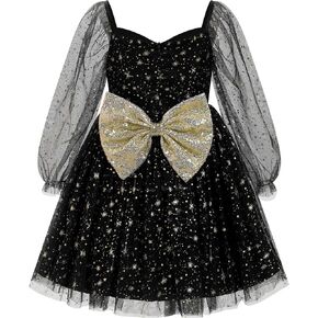 IDOPIP Toddler Girls Sparkly Dresses Sequin Bowknot Pageant Birthday Party Dress Glitter Mesh Long Sleeve Fall Dress Clothes