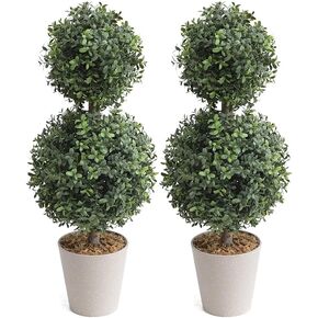 momoplant Artificial Topiary Ball Tree - 38 Inch Triple Topiaries Boxwood Greenery Plant 【 2 Pack 】 Outdoor Lifelike with Black Pot