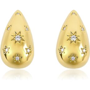Gold North Star Chunky Hoop Earrings for Women Dainty 14K Gold Plated Thick Teardrop Star Hoop Earrings with Cubic Zirconia Trendy Waterdrop Star Open Hoop Statement Earrings Jewelry Gift for Women