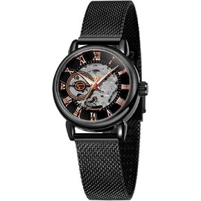 Gosasa Women's Skeleton Watch Fashion Hollow Mechanical Watch Hand-Wind Mesh Strap Luminous Roman Numeral Casual Ladies Wristwatch